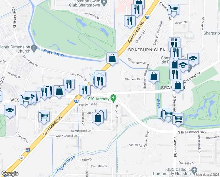 map of restaurants, bars, coffee shops, grocery stores, and more near 9200 Bissonnet Street in Houston