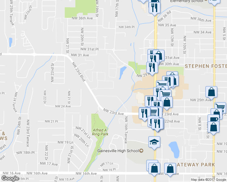 map of restaurants, bars, coffee shops, grocery stores, and more near 2701 Northwest 23rd Boulevard in Gainesville