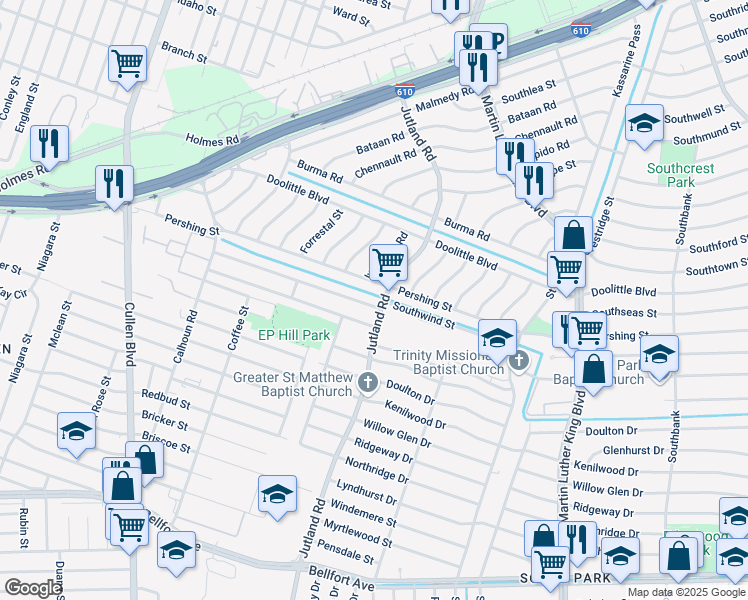 map of restaurants, bars, coffee shops, grocery stores, and more near 5038 Pershing Street in Houston