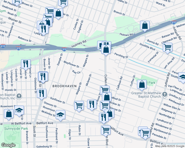 map of restaurants, bars, coffee shops, grocery stores, and more near 7502 Mclean Street in Houston