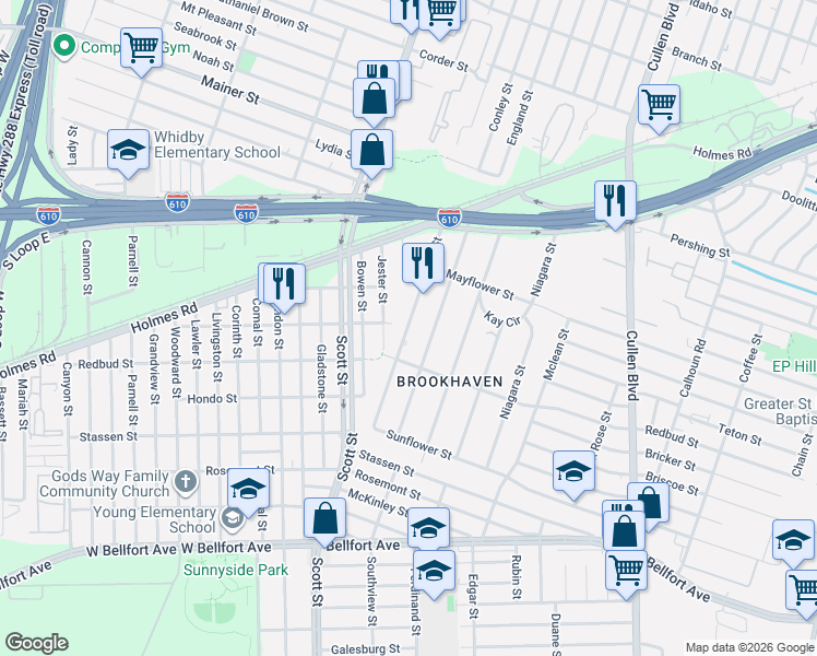 map of restaurants, bars, coffee shops, grocery stores, and more near 1115 Danube Street in Houston