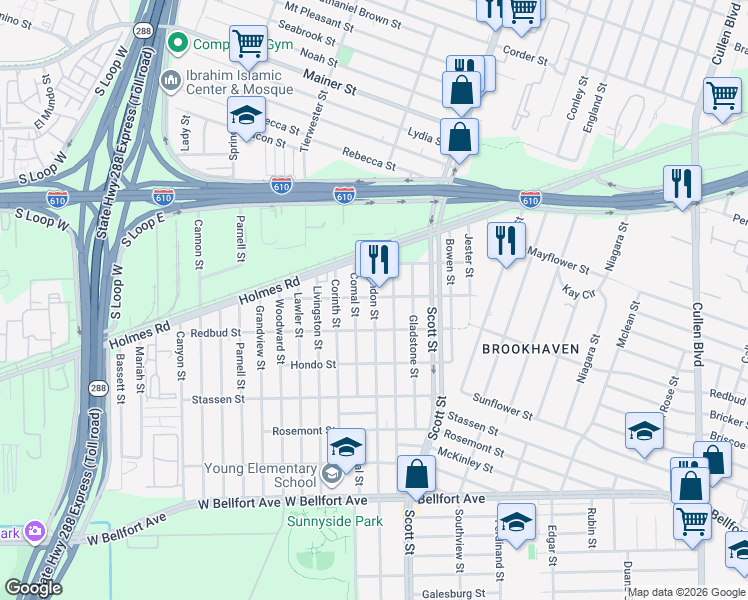 map of restaurants, bars, coffee shops, grocery stores, and more near 7824 Brandon Street in Houston