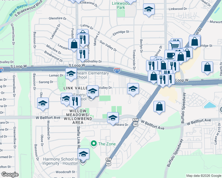 map of restaurants, bars, coffee shops, grocery stores, and more near 3558 Link Valley Drive in Houston