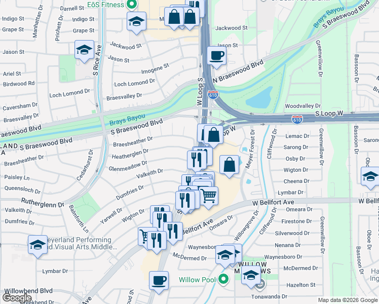 map of restaurants, bars, coffee shops, grocery stores, and more near 4903 Braesheather Drive in Houston