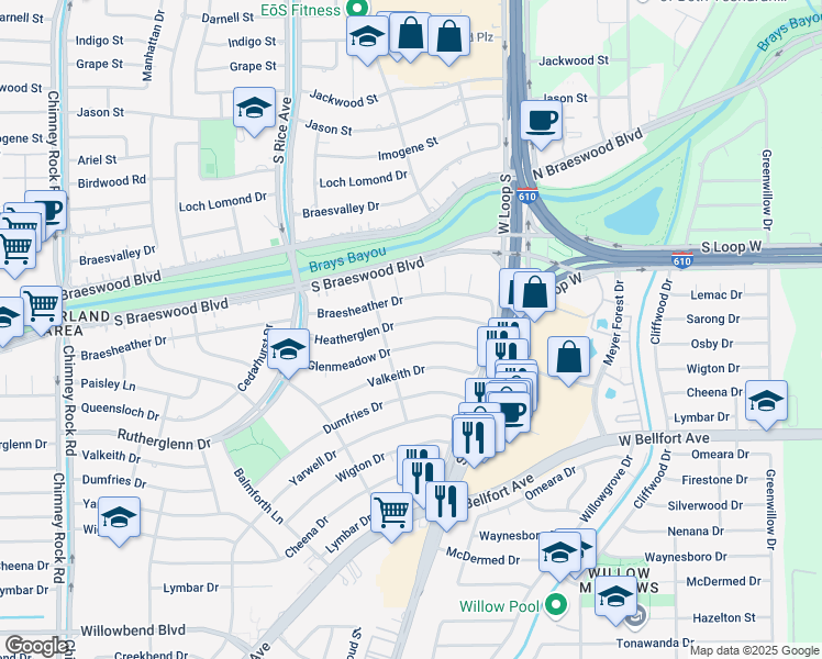 map of restaurants, bars, coffee shops, grocery stores, and more near 4943 Braesheather Drive in Houston