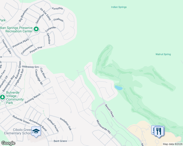 map of restaurants, bars, coffee shops, grocery stores, and more near Resort Parkway in San Antonio