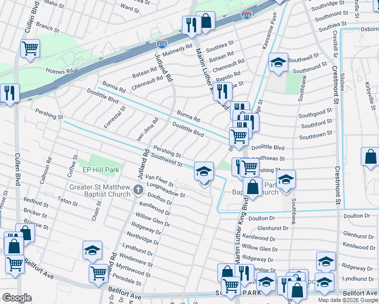 map of restaurants, bars, coffee shops, grocery stores, and more near 7323 Le Havre Road in Houston