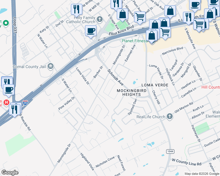 map of restaurants, bars, coffee shops, grocery stores, and more near 2722 Cinnamon Teal in New Braunfels