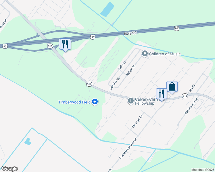 map of restaurants, bars, coffee shops, grocery stores, and more near 203 Julie Street in Gray