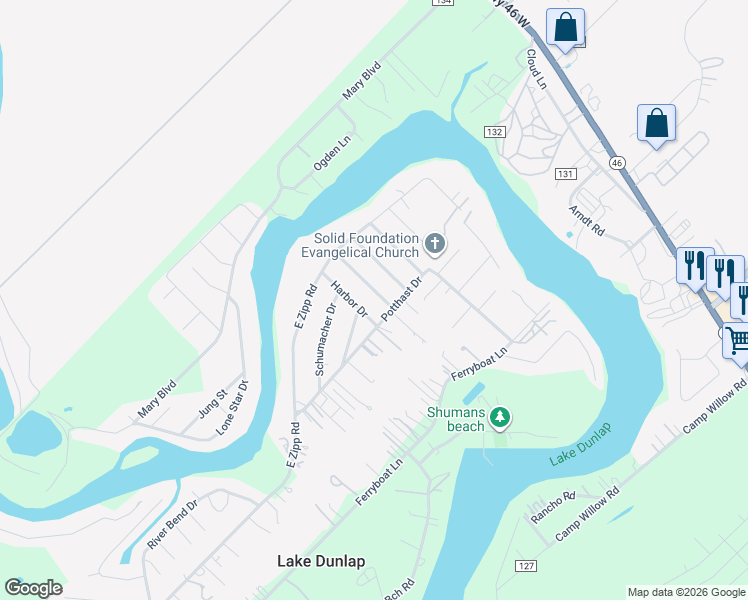 map of restaurants, bars, coffee shops, grocery stores, and more near 145 Timber Lane in New Braunfels