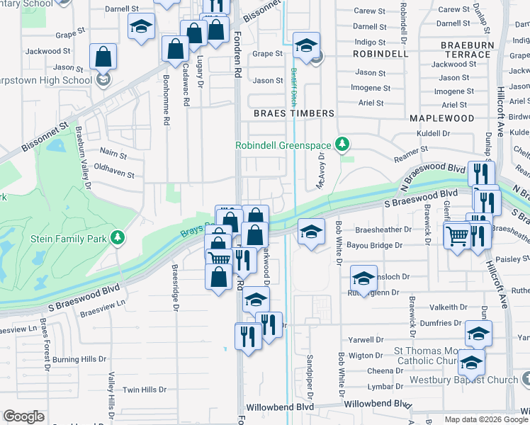 map of restaurants, bars, coffee shops, grocery stores, and more near 6553 Wanda Lane in Houston