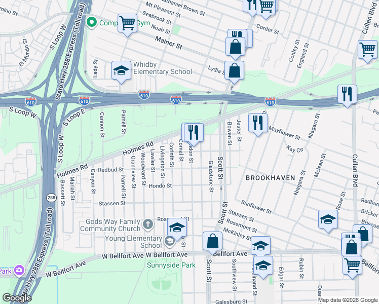 map of restaurants, bars, coffee shops, grocery stores, and more near 7824 Brandon Street in Houston