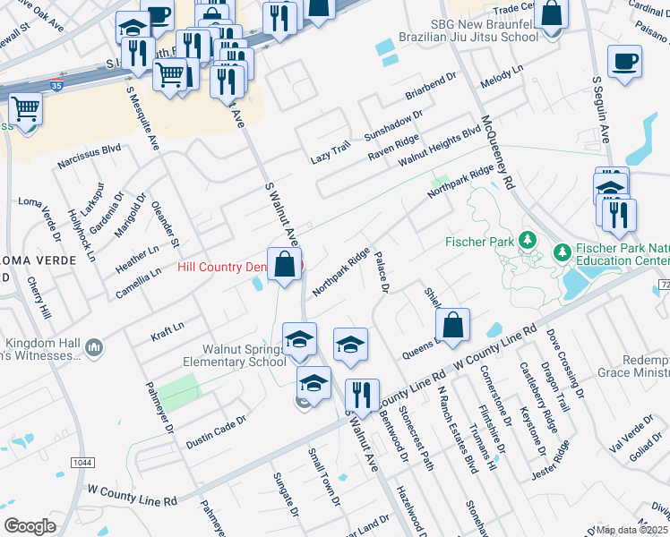 map of restaurants, bars, coffee shops, grocery stores, and more near 1026 Northpark Ridge in New Braunfels