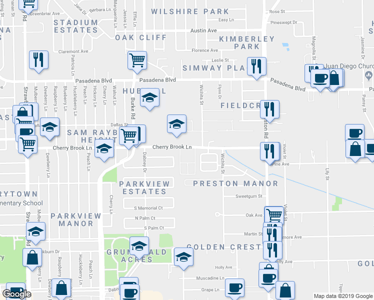 map of restaurants, bars, coffee shops, grocery stores, and more near 2320 Cherrybrook Lane in Pasadena