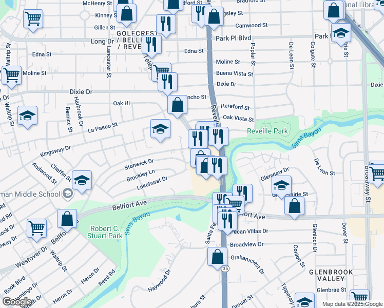 map of restaurants, bars, coffee shops, grocery stores, and more near 7477 Westover Street in Houston