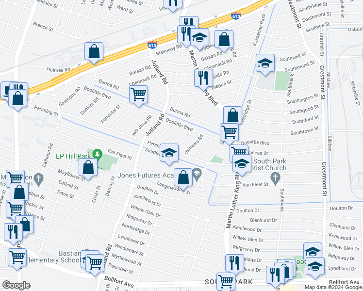 map of restaurants, bars, coffee shops, grocery stores, and more near 7323 Le Havre Road in Houston