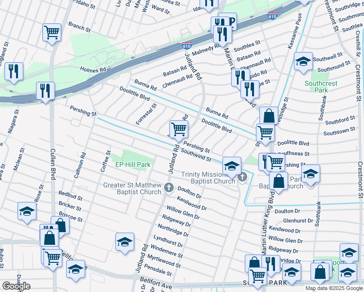 map of restaurants, bars, coffee shops, grocery stores, and more near 7351 Jutland Road in Houston