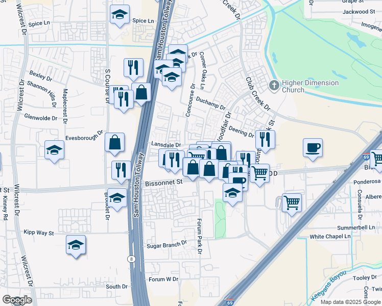 map of restaurants, bars, coffee shops, grocery stores, and more near 2301 Lansdale Drive in Houston