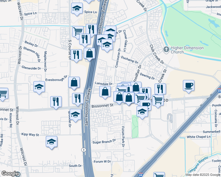 map of restaurants, bars, coffee shops, grocery stores, and more near 10116-10158 Lansdale Drive in Houston