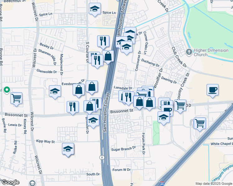 map of restaurants, bars, coffee shops, grocery stores, and more near 2 Lansdale Drive in Houston