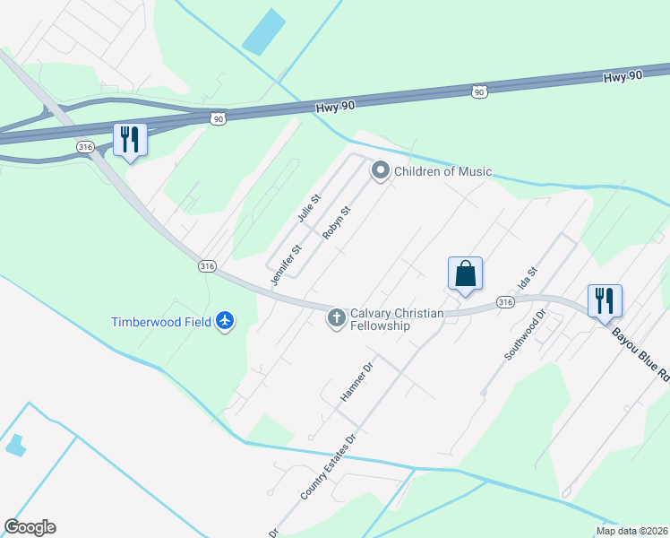 map of restaurants, bars, coffee shops, grocery stores, and more near Faye Street in Houma