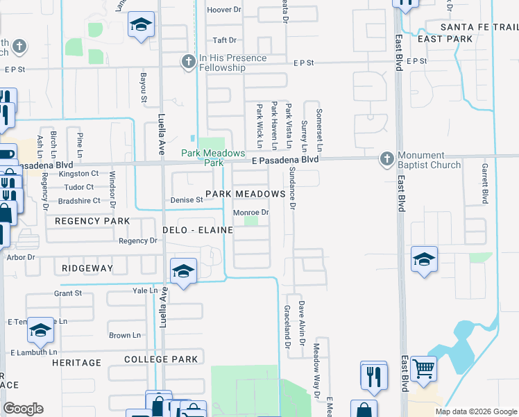 map of restaurants, bars, coffee shops, grocery stores, and more near 1609 Monroe Drive in Deer Park