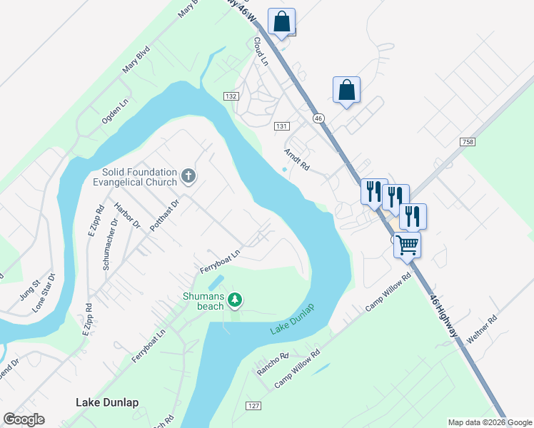 map of restaurants, bars, coffee shops, grocery stores, and more near 1225 Ferryboat Lane in New Braunfels