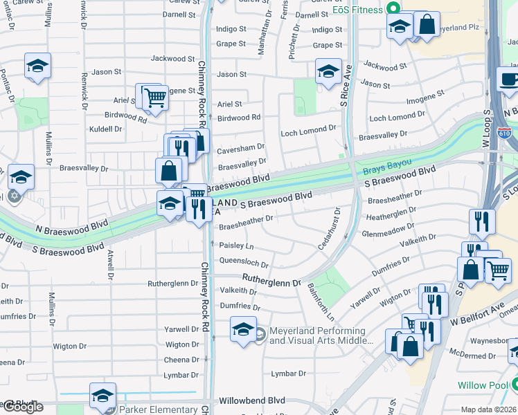 map of restaurants, bars, coffee shops, grocery stores, and more near 5223 S Braeswood Blvd in Houston