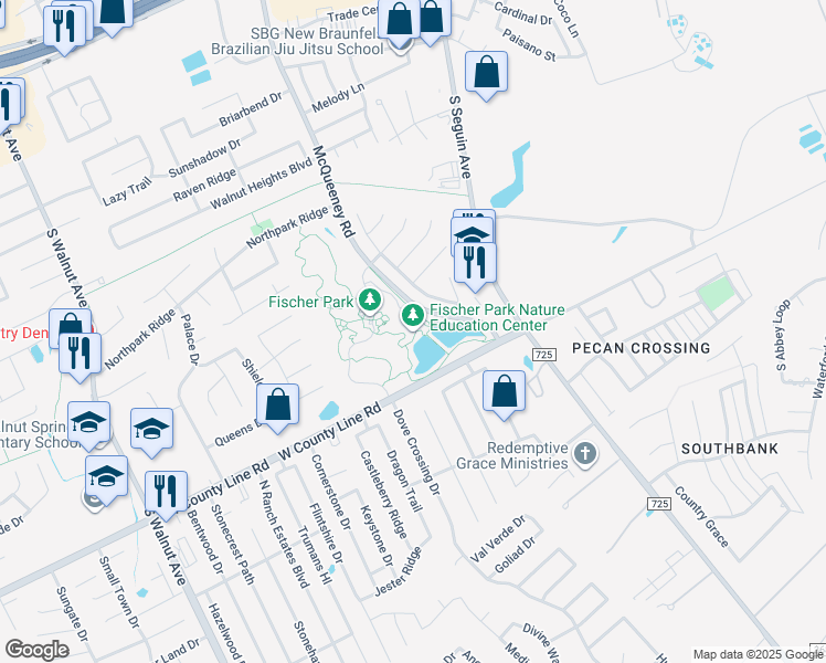 map of restaurants, bars, coffee shops, grocery stores, and more near 1946 Monarch Way in New Braunfels