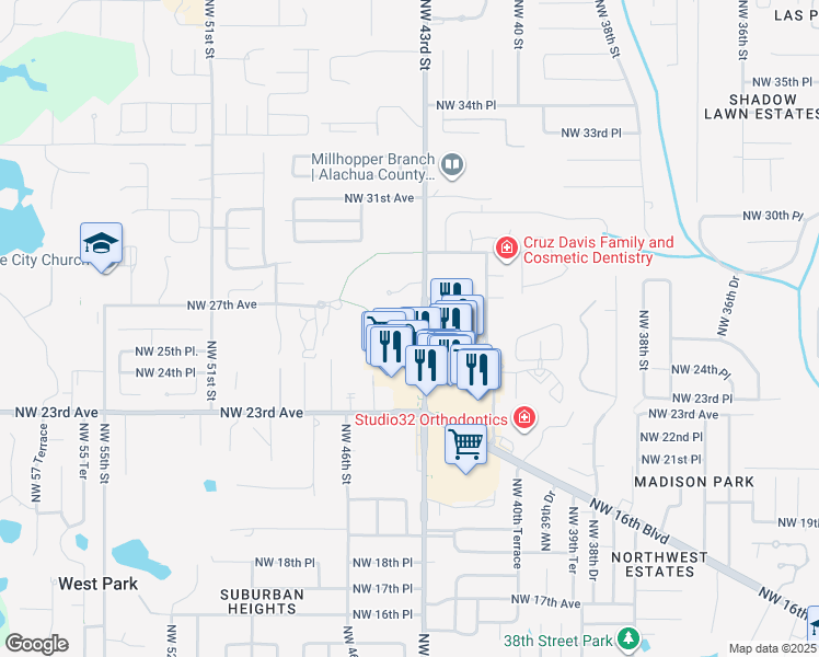 map of restaurants, bars, coffee shops, grocery stores, and more near 2622 Northwest 43rd Street in Gainesville