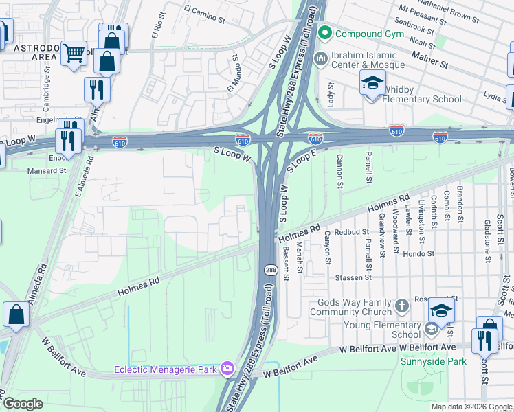map of restaurants, bars, coffee shops, grocery stores, and more near 497 South Loop West in Houston