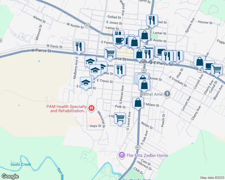 map of restaurants, bars, coffee shops, grocery stores, and more near East Houston Street in Luling