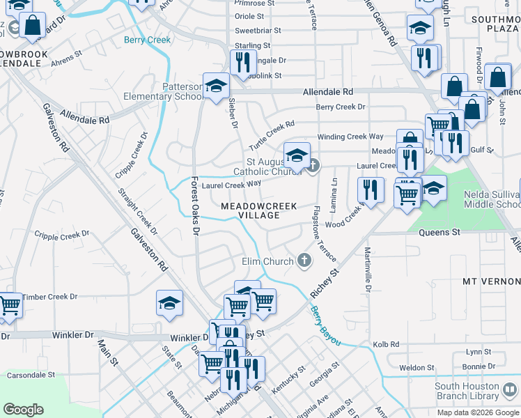 map of restaurants, bars, coffee shops, grocery stores, and more near 2123 Possum Creek Road in Houston