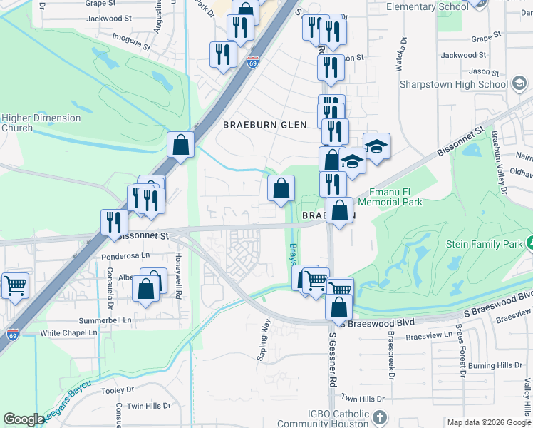map of restaurants, bars, coffee shops, grocery stores, and more near 9513 Braeburn Glen Boulevard in Houston