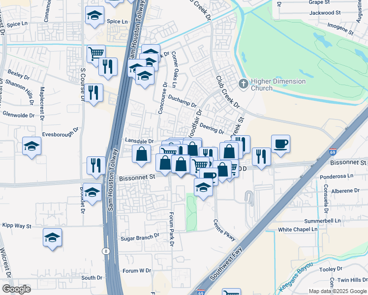 map of restaurants, bars, coffee shops, grocery stores, and more near 4252 Lansdale Drive in Houston