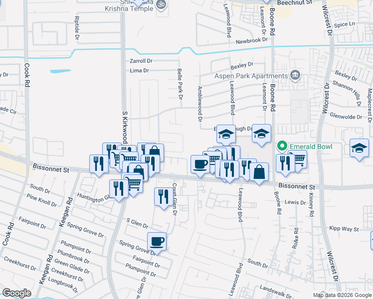 map of restaurants, bars, coffee shops, grocery stores, and more near 9307 Belle Park Drive in Houston