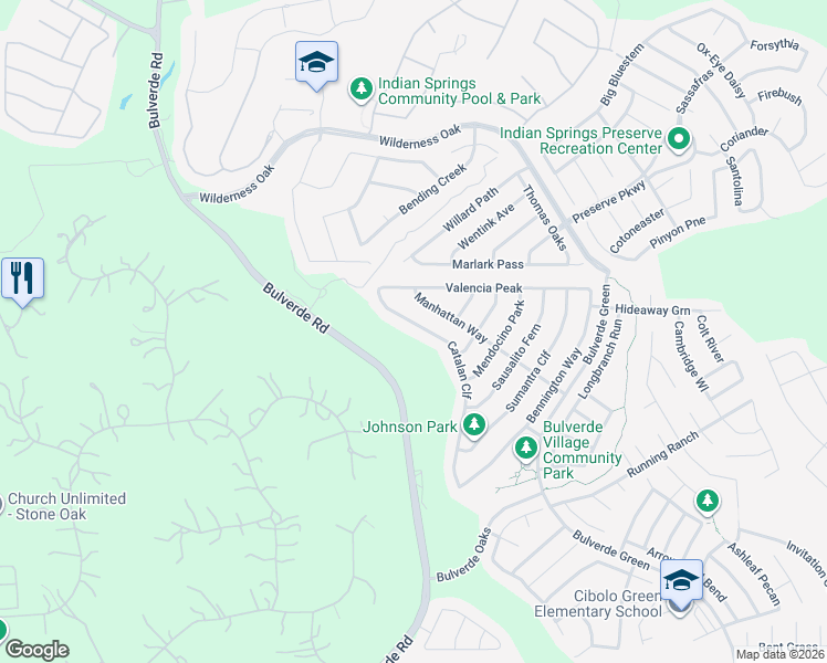map of restaurants, bars, coffee shops, grocery stores, and more near 25110 Catalan Cliff in San Antonio