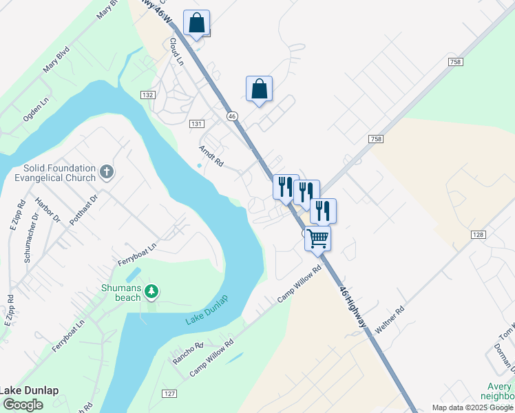 map of restaurants, bars, coffee shops, grocery stores, and more near 2649 FM 1044 in New Braunfels