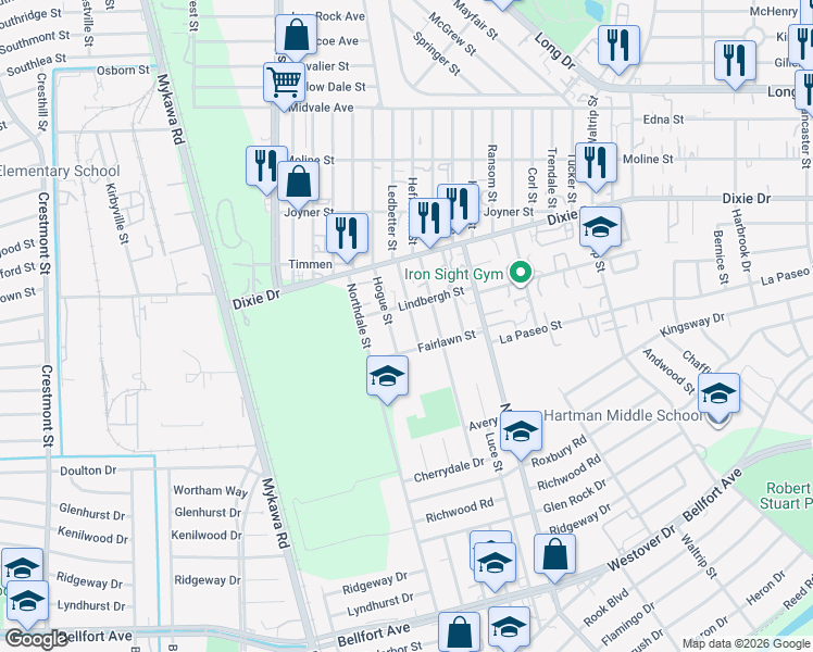 map of restaurants, bars, coffee shops, grocery stores, and more near 6004 Ledbetter Street in Houston