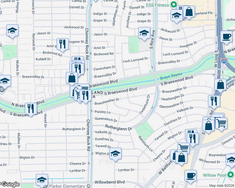 map of restaurants, bars, coffee shops, grocery stores, and more near 5213 South Braeswood Boulevard in Houston