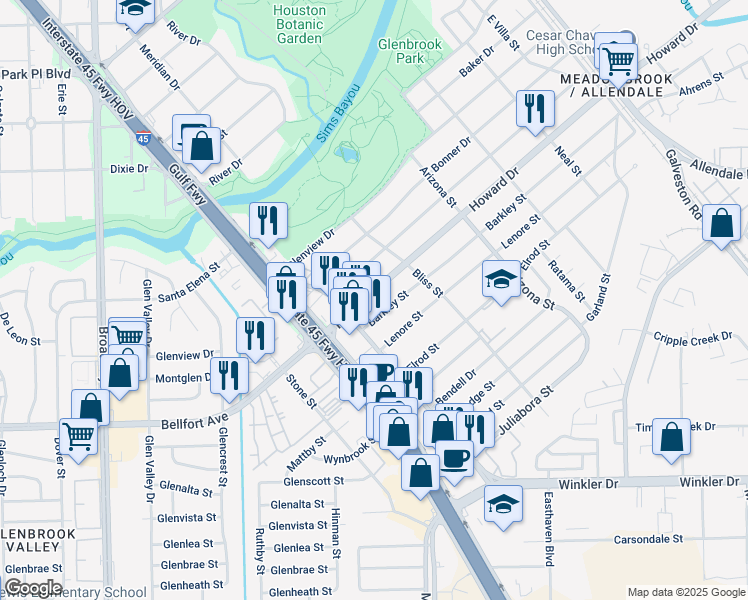 map of restaurants, bars, coffee shops, grocery stores, and more near 8032 Howard Drive in Houston
