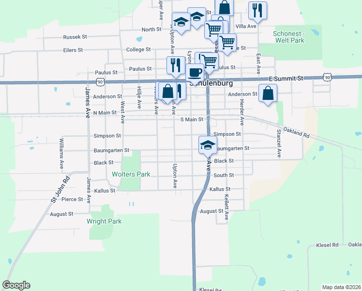 map of restaurants, bars, coffee shops, grocery stores, and more near 906 Upton Avenue in Schulenburg