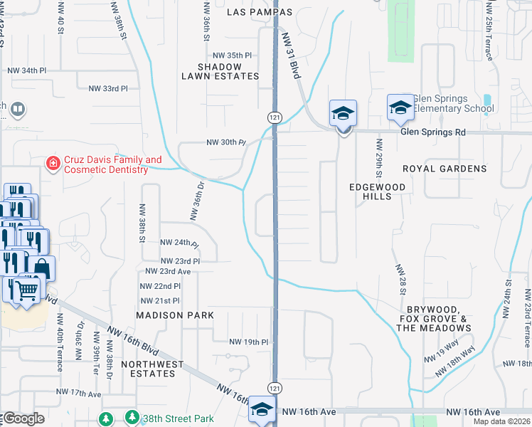 map of restaurants, bars, coffee shops, grocery stores, and more near 4004 Northwest 14th Place in Gainesville