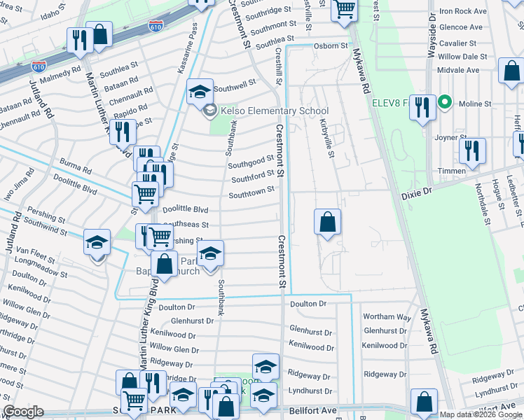 map of restaurants, bars, coffee shops, grocery stores, and more near 5963 Doolittle Boulevard in Houston