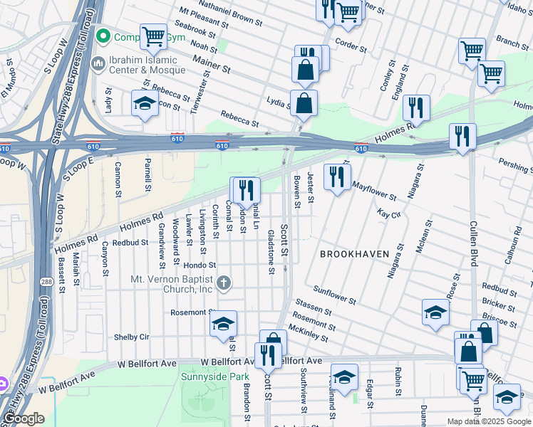 map of restaurants, bars, coffee shops, grocery stores, and more near 7825 Colonial Lane in Houston