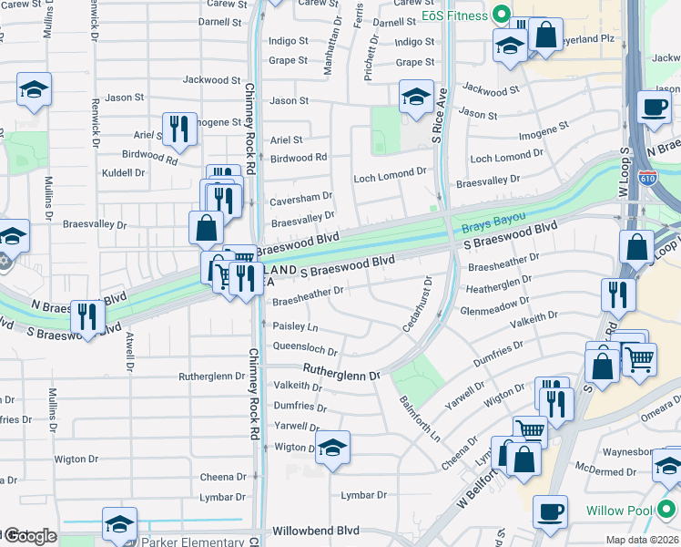 map of restaurants, bars, coffee shops, grocery stores, and more near 5213 South Braeswood Boulevard in Houston