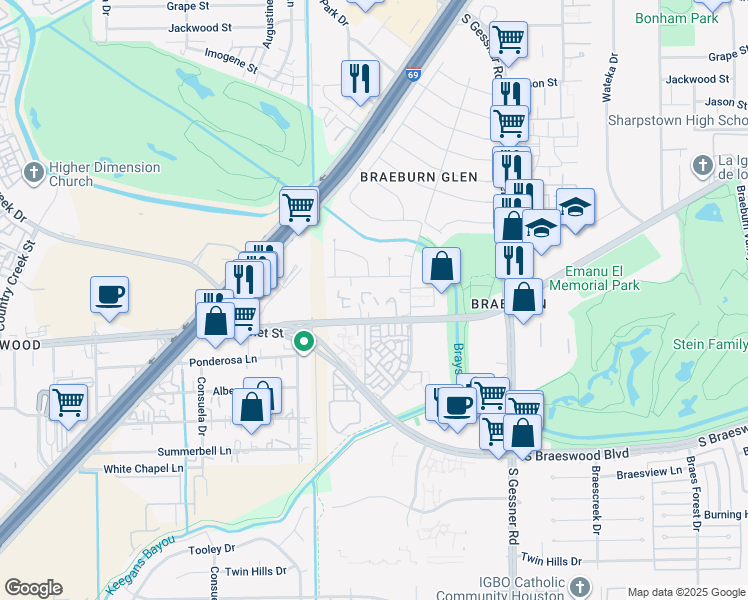 map of restaurants, bars, coffee shops, grocery stores, and more near 8915 Altamont Drive in Houston