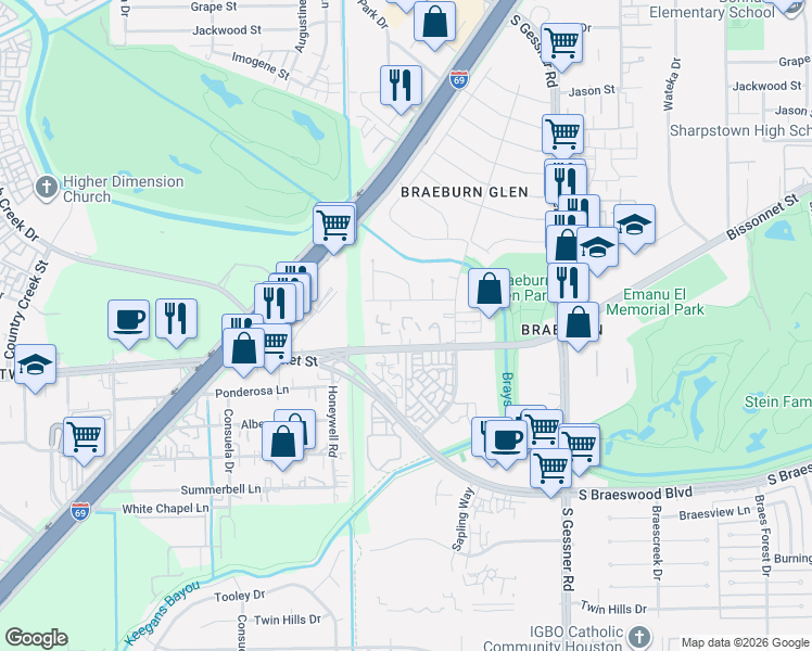 map of restaurants, bars, coffee shops, grocery stores, and more near 8943 Altamont Drive in Houston