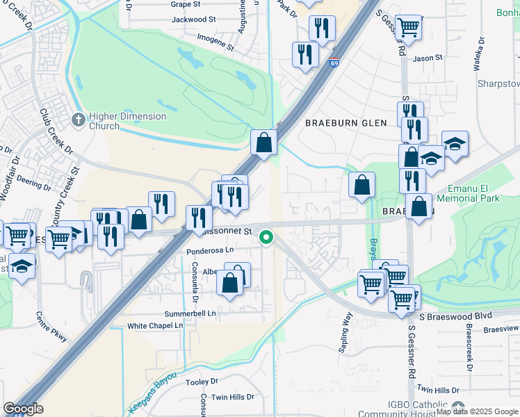 map of restaurants, bars, coffee shops, grocery stores, and more near 9200 Bissonnet Street in Houston