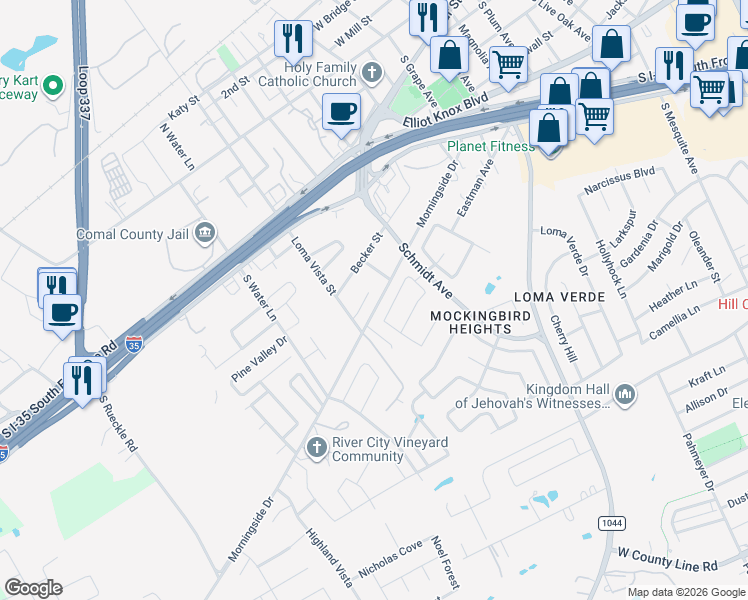 map of restaurants, bars, coffee shops, grocery stores, and more near 2732 Scarlet Tanger in New Braunfels